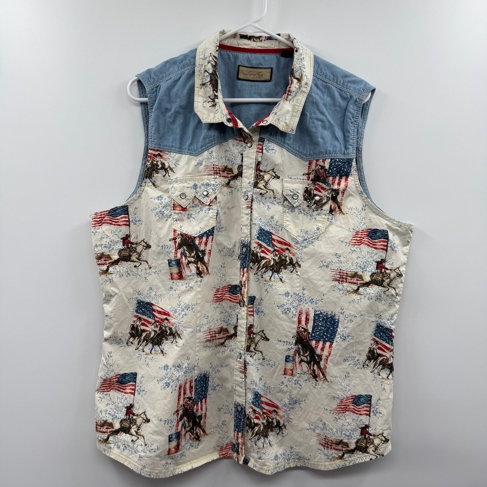 Legacy Falls Womens Western
Sleeveless Shirt Rodeo Flag Print
Denim Yoke 90s XXL